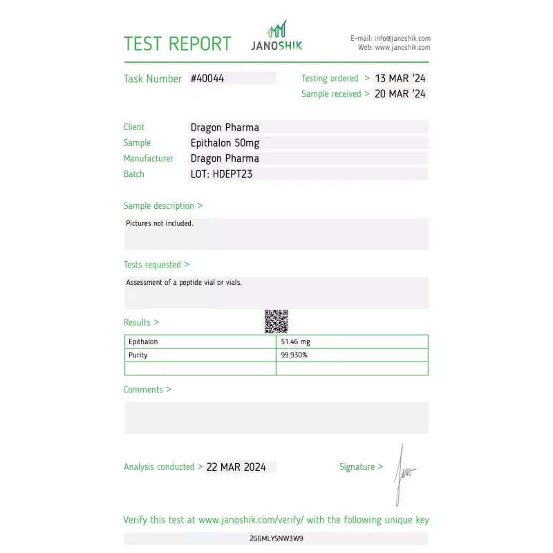 Epitalon 50 mg lab test results purity verification 2024